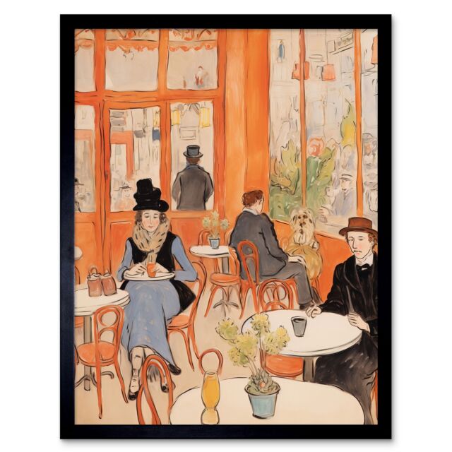 "Artery8 Wall Art Print A Bustling Parisian Cafe in the Style of Toulouse Lautrec Paris French Orange Art Framed in Black - Size: W12"" x H16""" - image 1