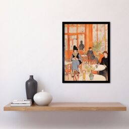 "Artery8 Wall Art Print A Bustling Parisian Cafe in the Style of Toulouse Lautrec Paris French Orange Art Framed in Black - Size: W12"" x H16""" - thumbnail 2