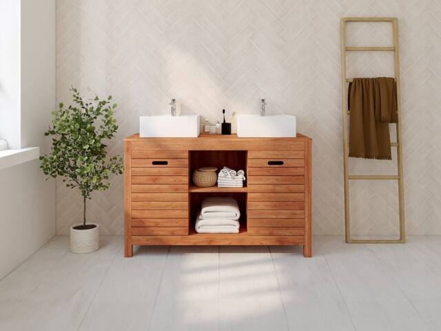 Vente-unique Acacia Wood Bathroom Unit With Double Basin - 130 Cm - PULUKAN in Walnut - image 1