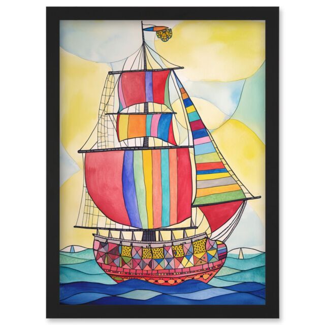 Artery8 Rainbow Colour Sailing Ship Folk Art Artwork Framed Wall Art Print A4 in Black - image 1