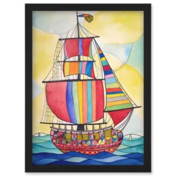 Artery8 Rainbow Colour Sailing Ship Folk Art Artwork Framed Wall Art Print A4 in Black - thumbnail 1