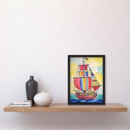 Artery8 Rainbow Colour Sailing Ship Folk Art Artwork Framed Wall Art Print A4 in Black - thumbnail 2