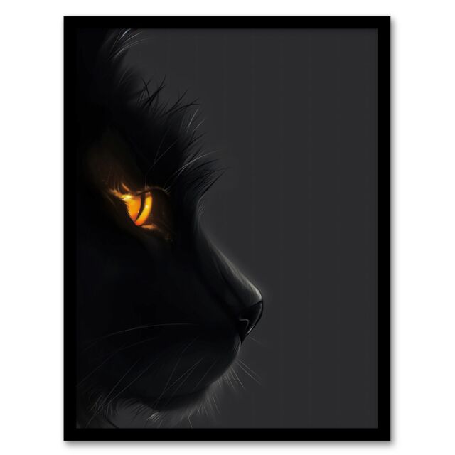 Artery8 Wall Art Print Black Cat Lover Orange Gold Eyes Profile Portrait Art Framed Poster - Size: A4 - image 1