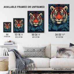 "Artery8 Wall Art Print Fierce Bengal Tiger Emerging from Bushes Wildlife Painting Blue Orange Botanical Portrait Poster - Size: W18"" x H24""" - thumbnail 3