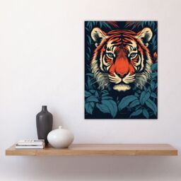 "Artery8 Wall Art Print Fierce Bengal Tiger Emerging from Bushes Wildlife Painting Blue Orange Botanical Portrait Poster - Size: W18"" x H24""" - thumbnail 4