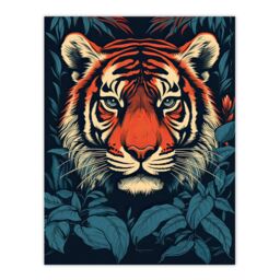 "Artery8 Wall Art Print Fierce Bengal Tiger Emerging from Bushes Wildlife Painting Blue Orange Botanical Portrait Poster - Size: W18"" x H24""" - thumbnail 1