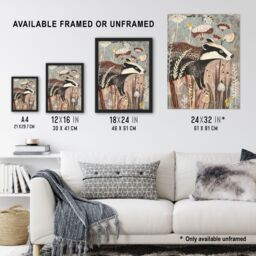 "Artery8 Rustic Woodland Badger Artwork Forest Wildflowers Framed Art Print in Brown - Size: W12"" x H16""" - thumbnail 3