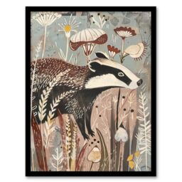 "Artery8 Rustic Woodland Badger Artwork Forest Wildflowers Framed Art Print in Brown - Size: W12"" x H16""" - thumbnail 1
