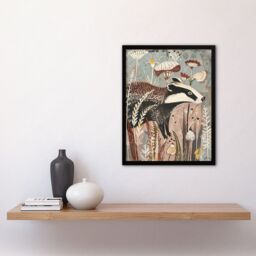 "Artery8 Rustic Woodland Badger Artwork Forest Wildflowers Framed Art Print in Brown - Size: W12"" x H16""" - thumbnail 4
