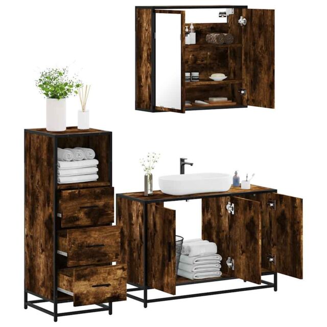 Berkfield Home 3 Piece Bathroom Furniture Set Smoked Oak Engineered Wood in Brown - image 1