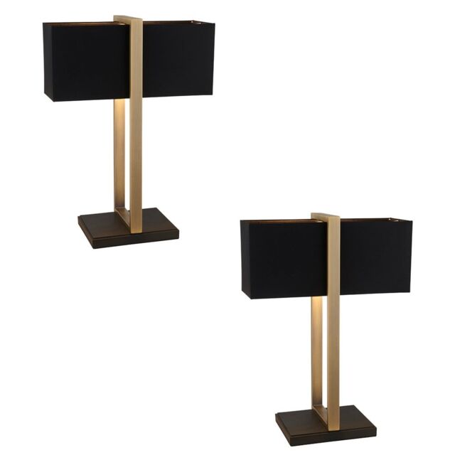 Loops 2 PACK Antique Brass Framed Table Lamp & Cotton Shade - Matt Black Base - image 1