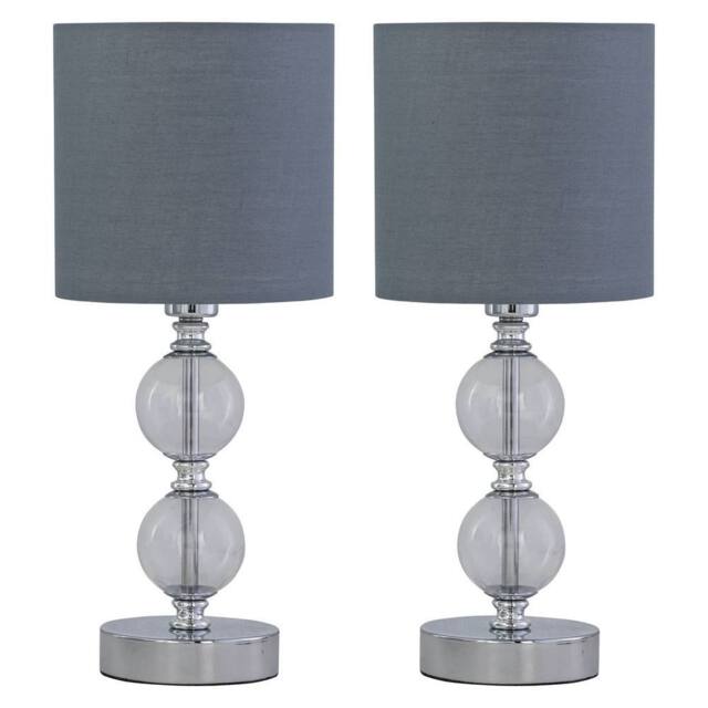 First Choice Lighting Set of 2 Chrome Two Ball Table Lamp with Grey Cotton Shades in Silver - image 1