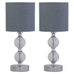 First Choice Lighting Set of 2 Chrome Two Ball Table Lamp with Grey Cotton Shades in Silver - thumbnail 1