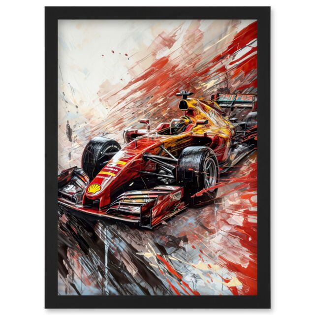 Artery8 Grand Prix Red Race Car Action Shot Paint Splat Artwork Framed Wall Art Print A4 in Black - image 1