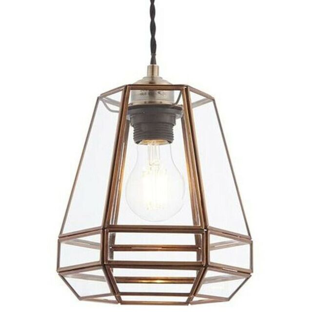 Loops Hanging Ceiling Pendant Light Shade Antique Brass & Clear Glass Pear Drop Cage - image 1