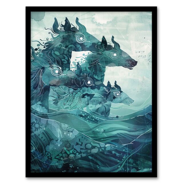 Artery8 Mythical Sea Kelpies Riding Waves Artwork Blue Framed Art Print - Size: A4 - image 1