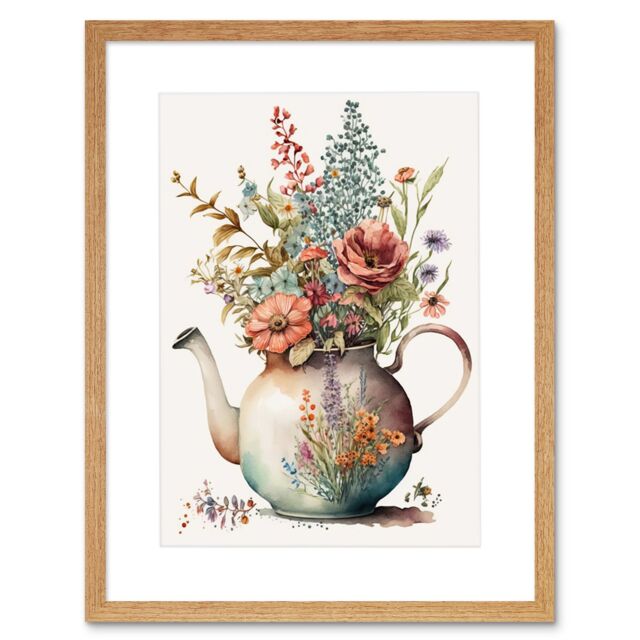 "Artery8 Wall Art Print Flower Bouquet in a Floral Design Ceramic Teapot Artwork Framed 9X7 Inch in Beige - Size: W7"" x H9""" - image 1