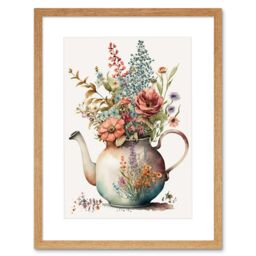 "Artery8 Wall Art Print Flower Bouquet in a Floral Design Ceramic Teapot Artwork Framed 9X7 Inch in Beige - Size: W7"" x H9""" - thumbnail 1