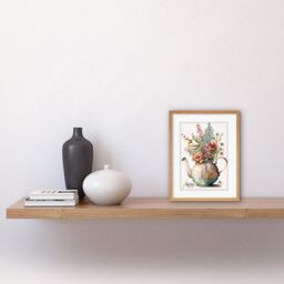 "Artery8 Wall Art Print Flower Bouquet in a Floral Design Ceramic Teapot Artwork Framed 9X7 Inch in Beige - Size: W7"" x H9""" - thumbnail 2