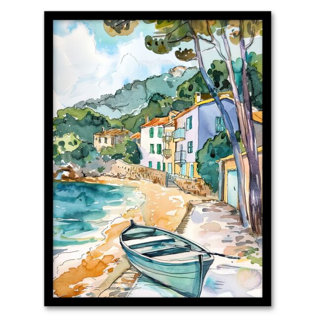 "Artery8 Costa Brava Seaside Shore Boat Spain Watercolour Framed Wall Art in Green - Size: W12"" x H16""" - image 1