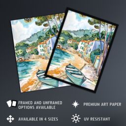 "Artery8 Costa Brava Seaside Shore Boat Spain Watercolour Framed Wall Art in Green - Size: W12"" x H16""" - thumbnail 2
