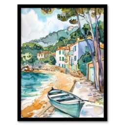 "Artery8 Costa Brava Seaside Shore Boat Spain Watercolour Framed Wall Art in Green - Size: W12"" x H16""" - thumbnail 1