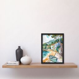 "Artery8 Costa Brava Seaside Shore Boat Spain Watercolour Framed Wall Art in Green - Size: W12"" x H16""" - thumbnail 4