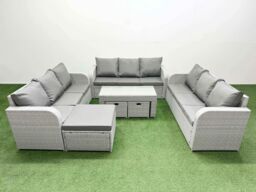 Fimous PE Rattan Lounge Sofa Set 12 Seater Outdoor Garden Furniture Set with Oblong Coffee Table 3 Seater Sofa 3 Stools Light Grey - thumbnail 2
