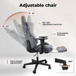 VOGREX Grey Adjustable Reclining Gaming Chair with Footrest - thumbnail 4