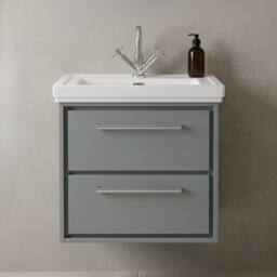 Balterley Modern Bathroom Wall Hung 2-Drawer Vanity, Fireclay Basin, Grey, 600mm in Grey - thumbnail 6