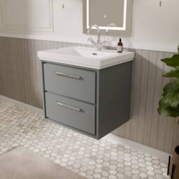 Balterley Modern Bathroom Wall Hung 2-Drawer Vanity, Fireclay Basin, Grey, 600mm in Grey - thumbnail 4