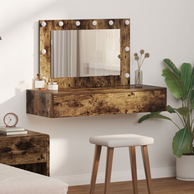 Berkfield Home Wall Hanging Dressing Table with LED Lights in Smoked Oak in Brown - image 1