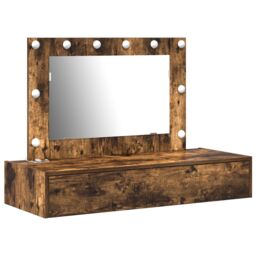 Berkfield Home Wall Hanging Dressing Table with LED Lights in Smoked Oak in Brown - thumbnail 2