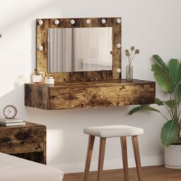 Berkfield Home Wall Hanging Dressing Table with LED Lights in Smoked Oak in Brown - thumbnail 1