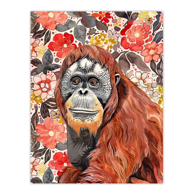 "Artery8 Orangutan with Red Blooming Flowers Watercolour Wall Art Print - Size: W12"" x H16""" - image 1