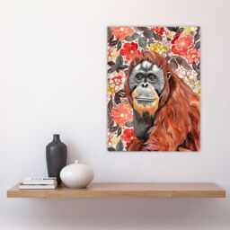 "Artery8 Orangutan with Red Blooming Flowers Watercolour Wall Art Print - Size: W12"" x H16""" - thumbnail 4