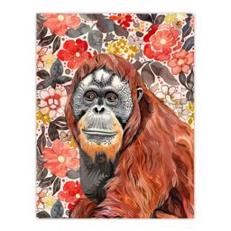 "Artery8 Orangutan with Red Blooming Flowers Watercolour Wall Art Print - Size: W12"" x H16""" - thumbnail 1