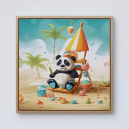 Warren Reed - Designer Happy Panda On A Beach Holiday Framed Canvas in Light Brown - Size: w40 inch x h40 inch - thumbnail 1