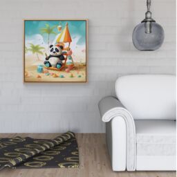Warren Reed - Designer Happy Panda On A Beach Holiday Framed Canvas in Light Brown - Size: w40 inch x h40 inch - thumbnail 2