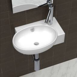 Berkfield Home White Ceramic Sink Basin Faucet & Overflow Hole Bathroom White - thumbnail 2