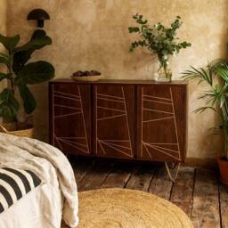 Wyld Haus Bandung Large Sideboard Dark Mango Wood with Gold Inlay 3 Doors in Brown
