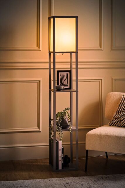 ValueLights Struttura Wooden Shelving Floor Lamp with Fabric Shade & LED Bulb in Grey - image 1