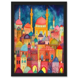 Artery8 Hagia Sophia Evening Cityscape Folk Art Watercolour Painting Artwork Framed Wall Art Print A4 in Black - thumbnail 1