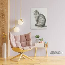 "Artery8 Sitting Smiling Cat Pencil Drawing Bernard Canvas Wall Art in White - Size: W18"" x H24""" - thumbnail 3