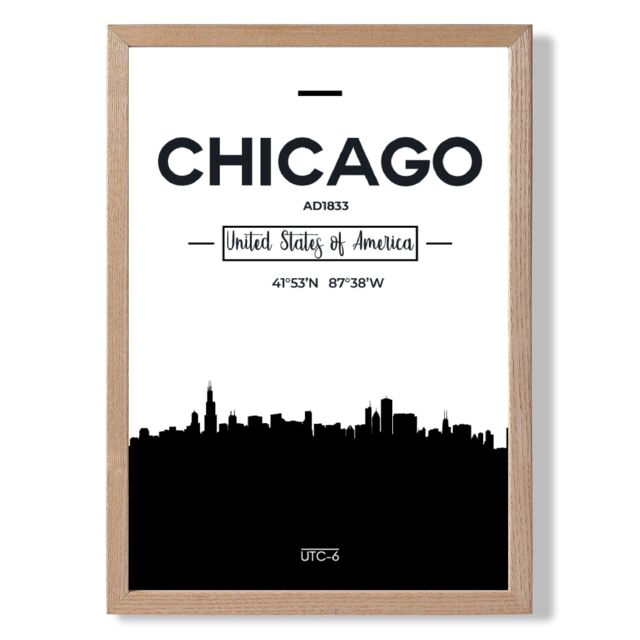 ARTZE Chicago Black & White City Skyline Framed Print SIZE: A2 with Oak Frame - Size: A4 - image 1