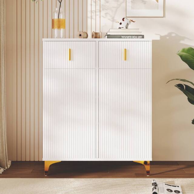 BTM Elegant Sideboard Shoe Cabinet, Adjustable Shelves, Gold Accents in White - image 1