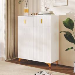 BTM Elegant Sideboard Shoe Cabinet, Adjustable Shelves, Gold Accents in White - thumbnail 2
