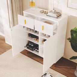 BTM Elegant Sideboard Shoe Cabinet, Adjustable Shelves, Gold Accents in White - thumbnail 3