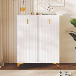 BTM Elegant Sideboard Shoe Cabinet, Adjustable Shelves, Gold Accents in White - thumbnail 1