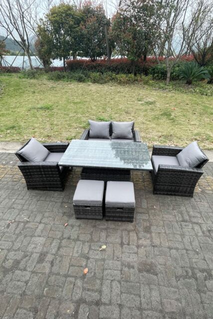 Fimous Rattan Outdoor Furniture Adjustable Rising Lifting Rectangle Dining Table Chairs Love Sofa Sets 6 Seater in Dark Grey